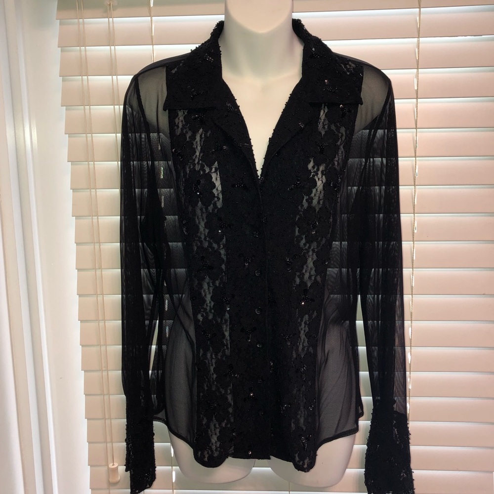 INC Black Sheer Lace & Sequin Blouse